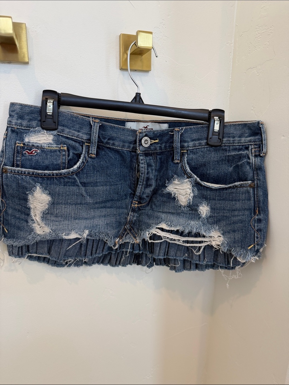 Hollister Dark Blue Distressed Denim Mini Skirt with Ruffle Hem